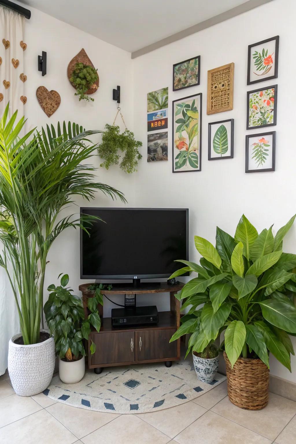 Ornamental accents inject warmth and style into a corner TV space.