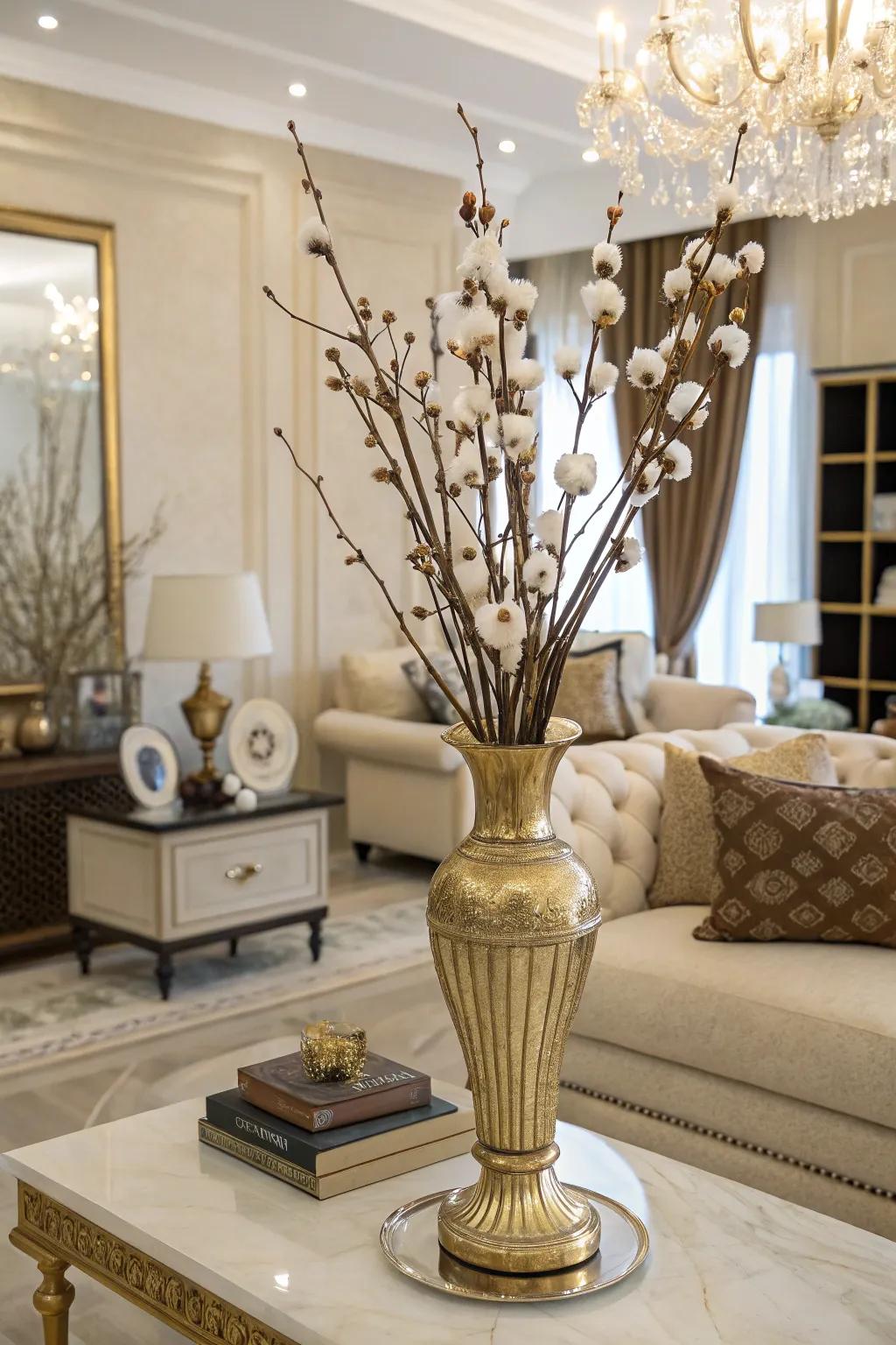 Sophistication with a gilded vase and cotton stems.