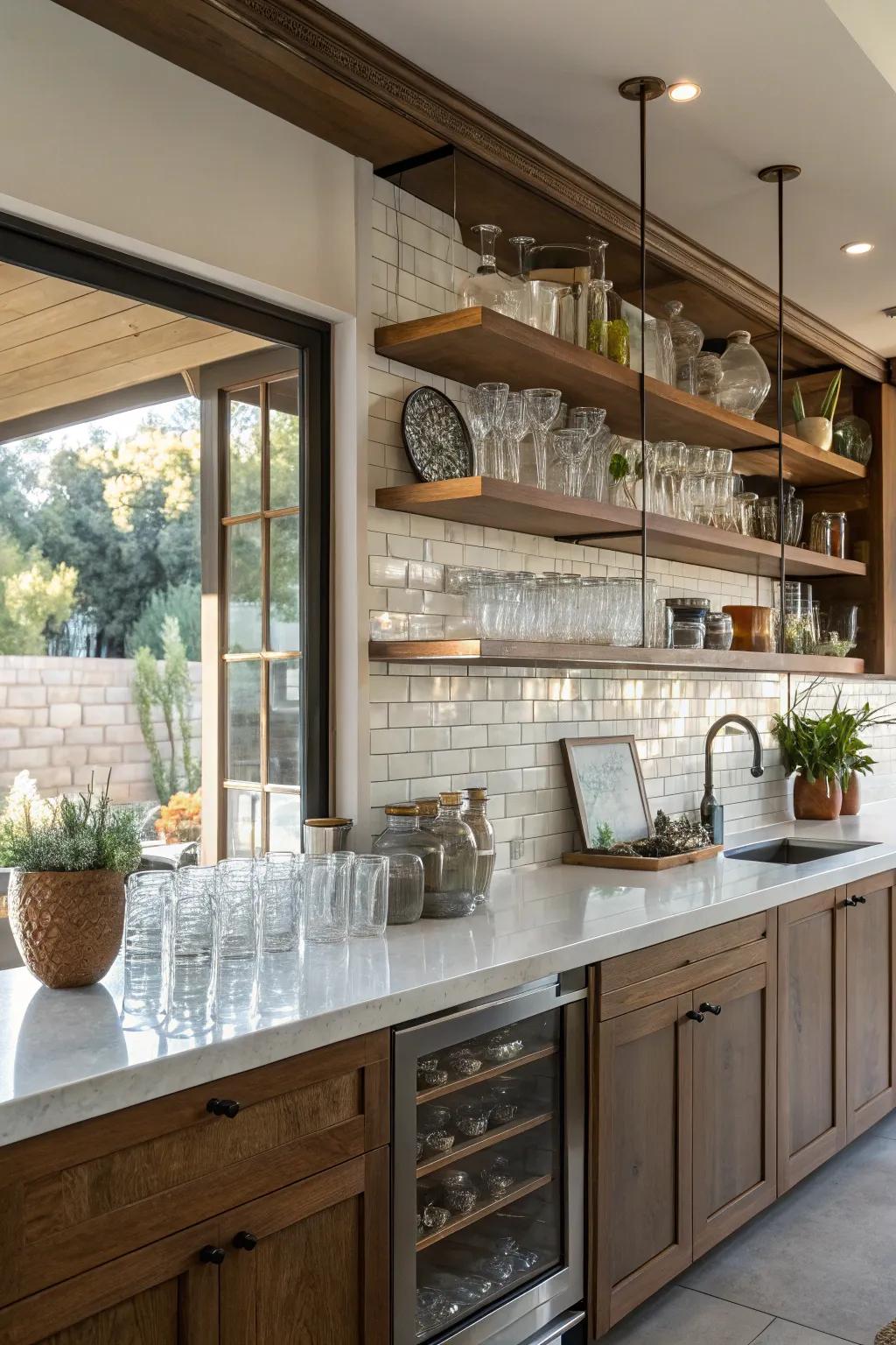 A kitchen with a countertop bar and open shelving.