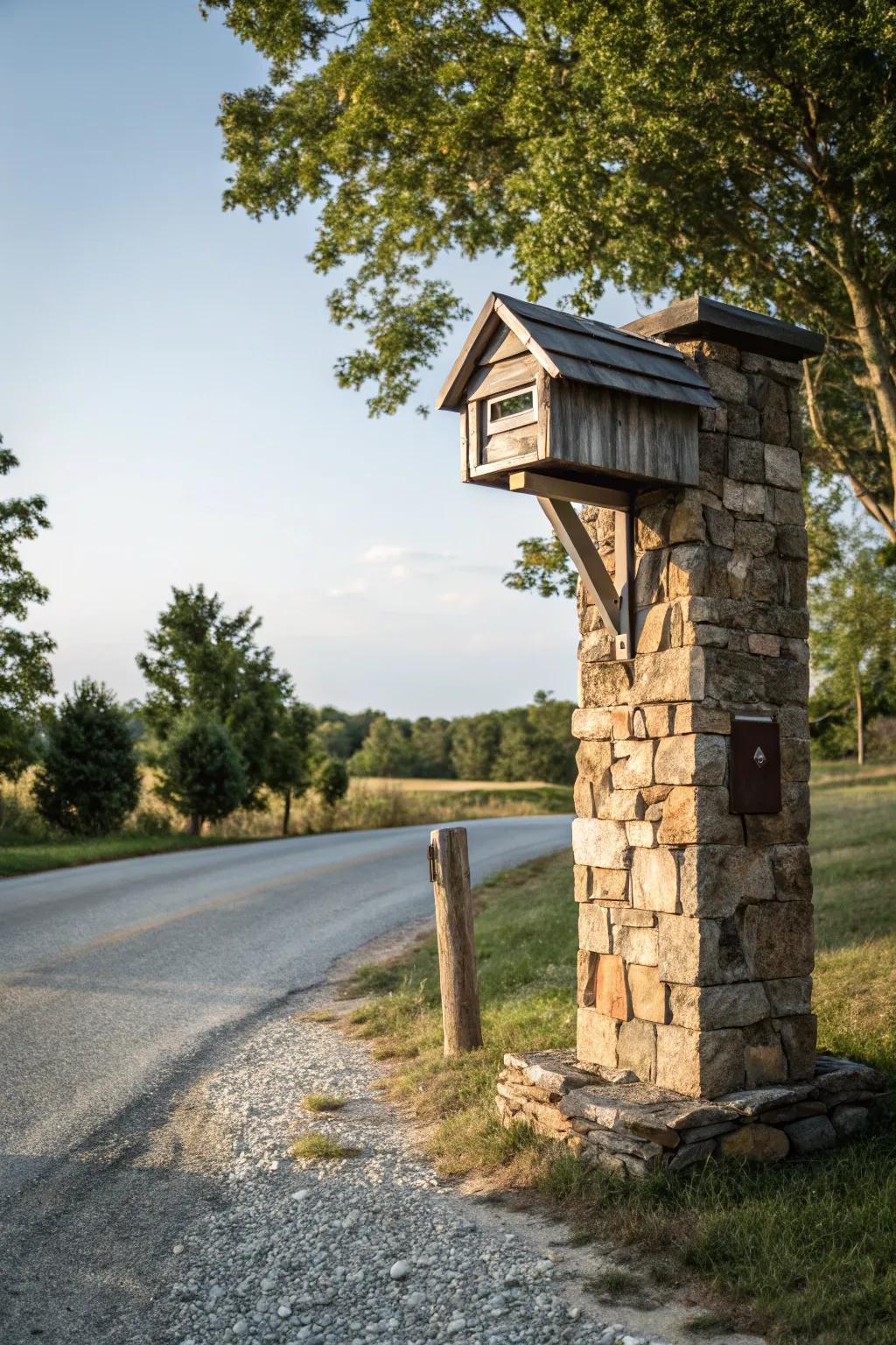 The blend of rock and lumber offers a timeless and sturdy design for your mailbox.