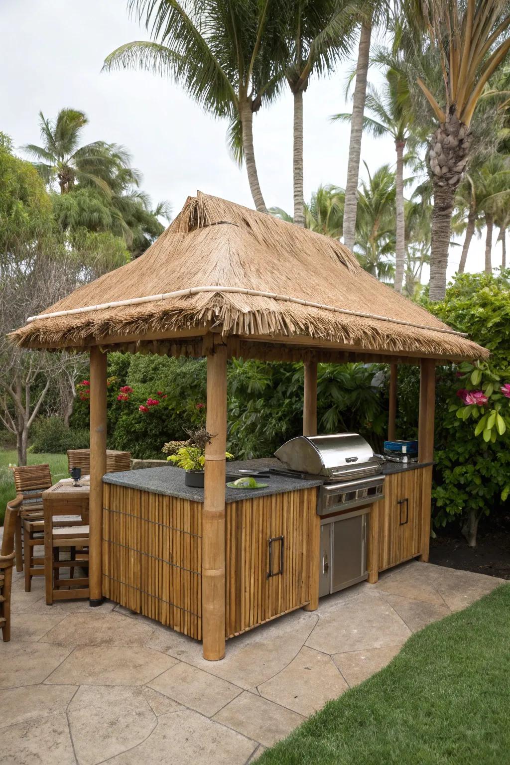 A tropical tiki hut style cover turning a grill area into a vacation spot.