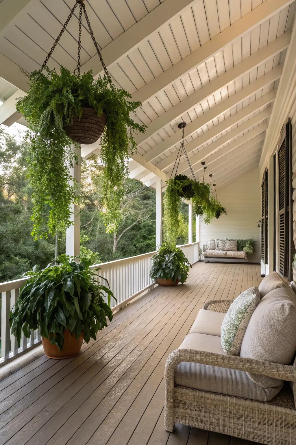 A slanted roof adds architectural interest to the porch.