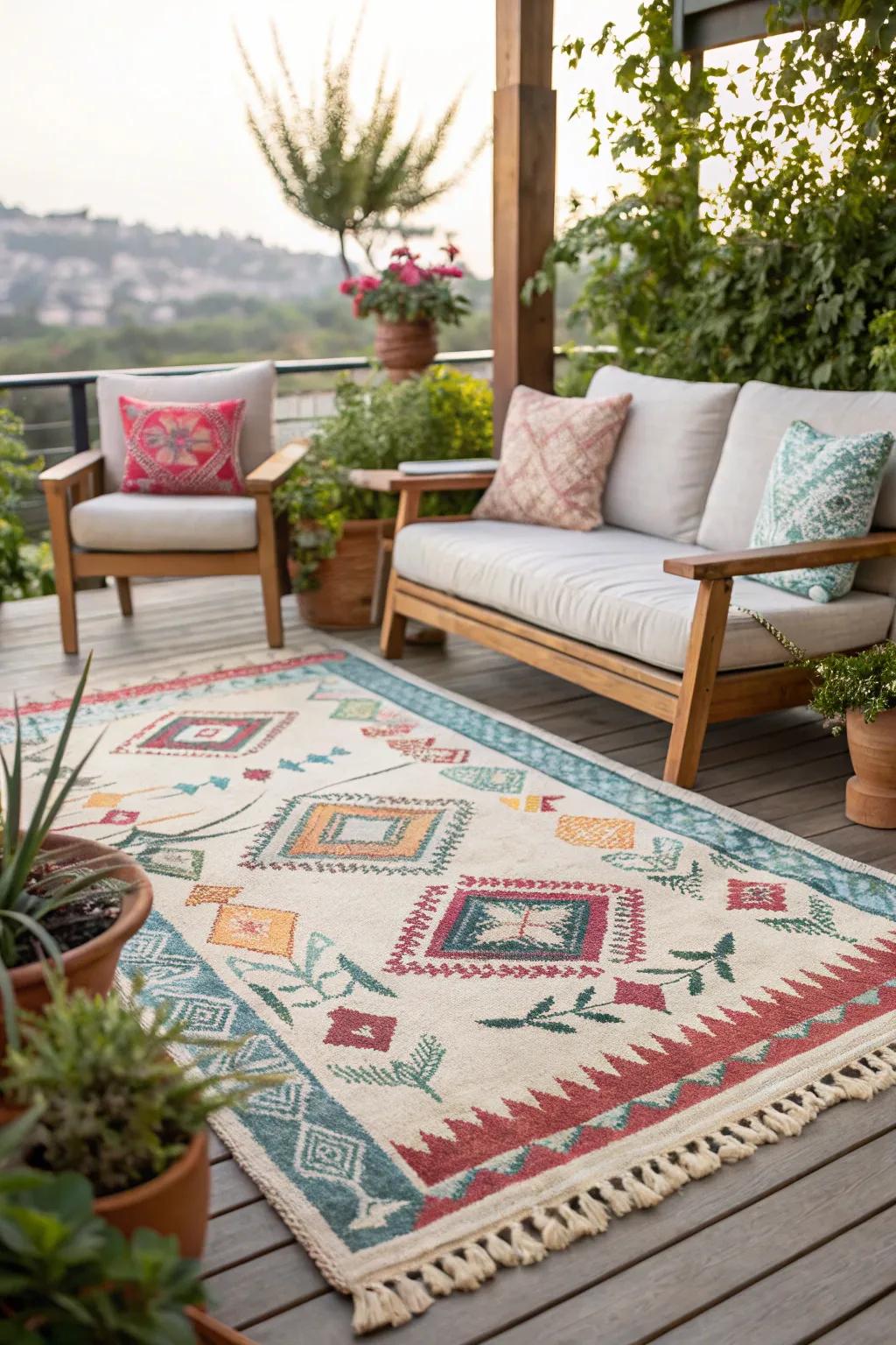 Outdoor rugs add comfort and style.