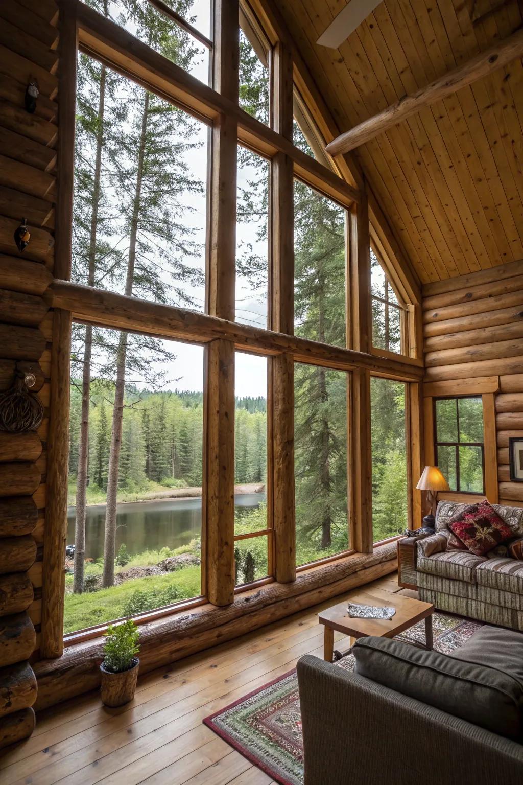 Large windows in a log cabin capture breathtaking natural scenery.