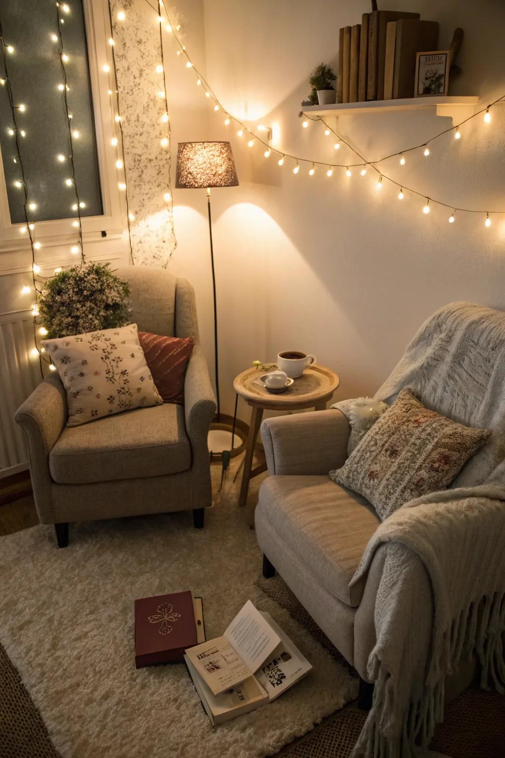 Gentle lighting sets the perfect scene for a cozy evening of reading.