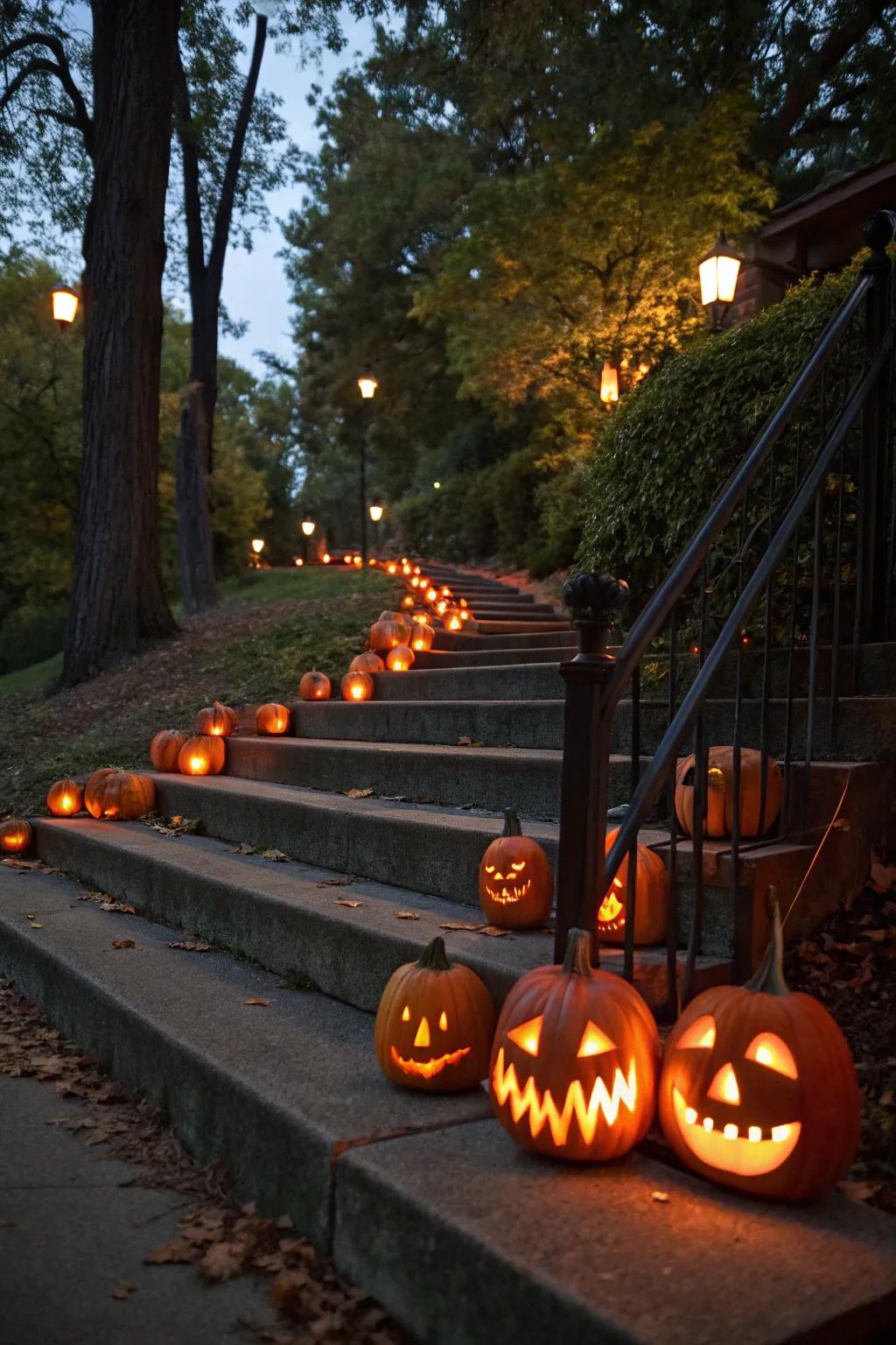 A line of jack-o'-lanterns lights the way.