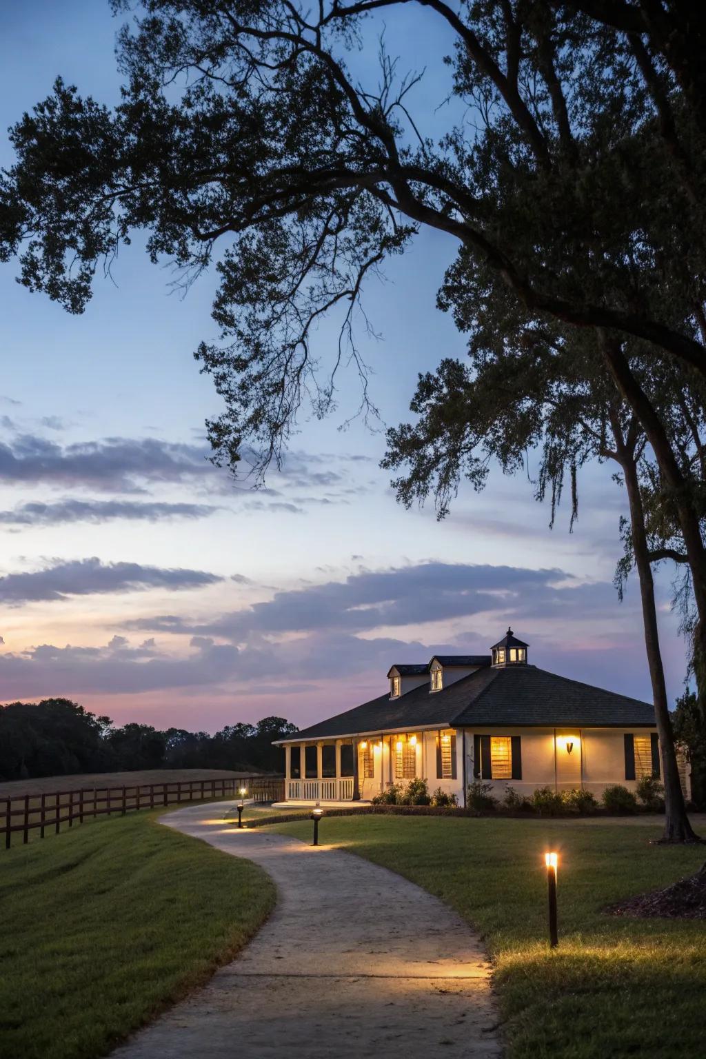 Outdoor lighting highlights architectural features beautifully.