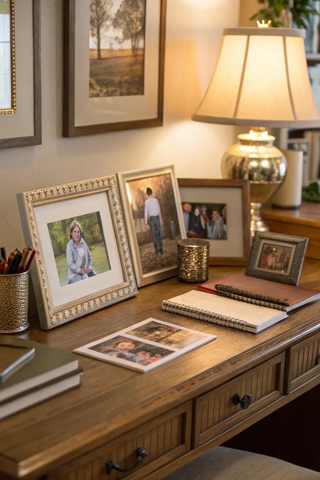A desk with decorative photo frames displaying family photos.