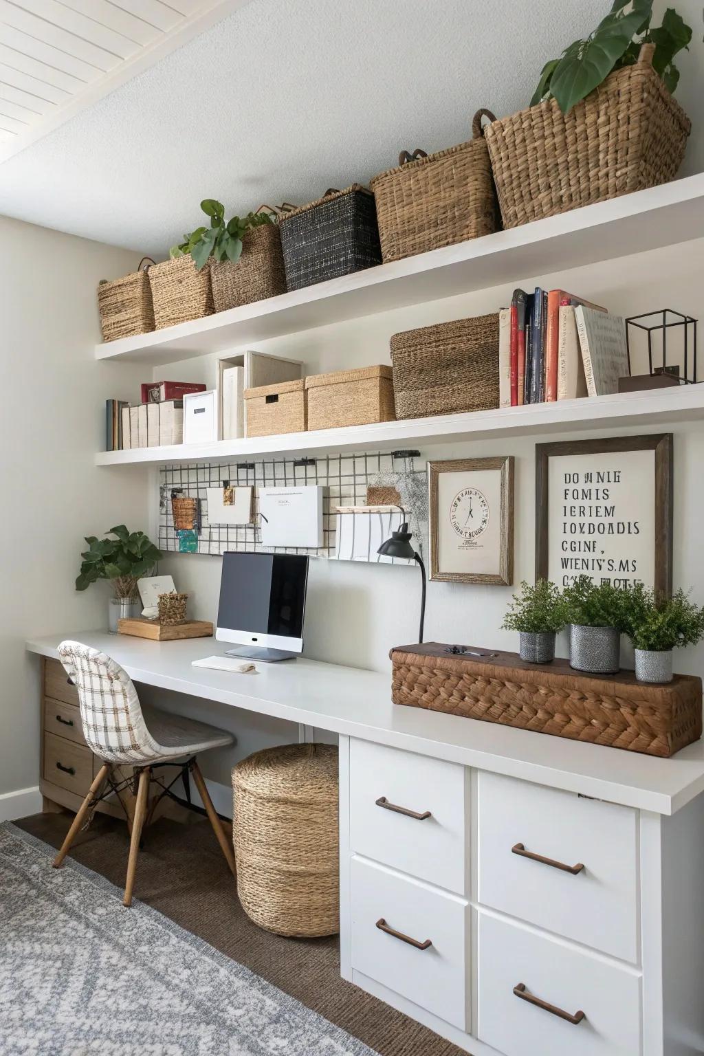 Chic storage solutions in a home office, featuring bins and floating shelves.
