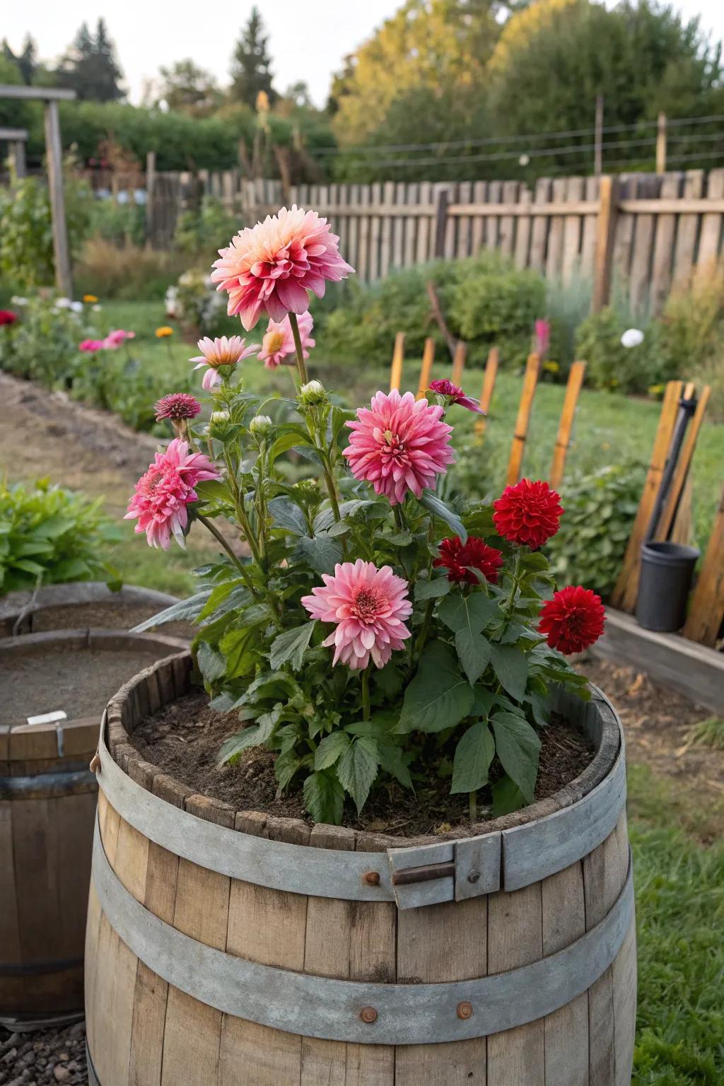 Rustic charm with dahlias in a wooden barrel.