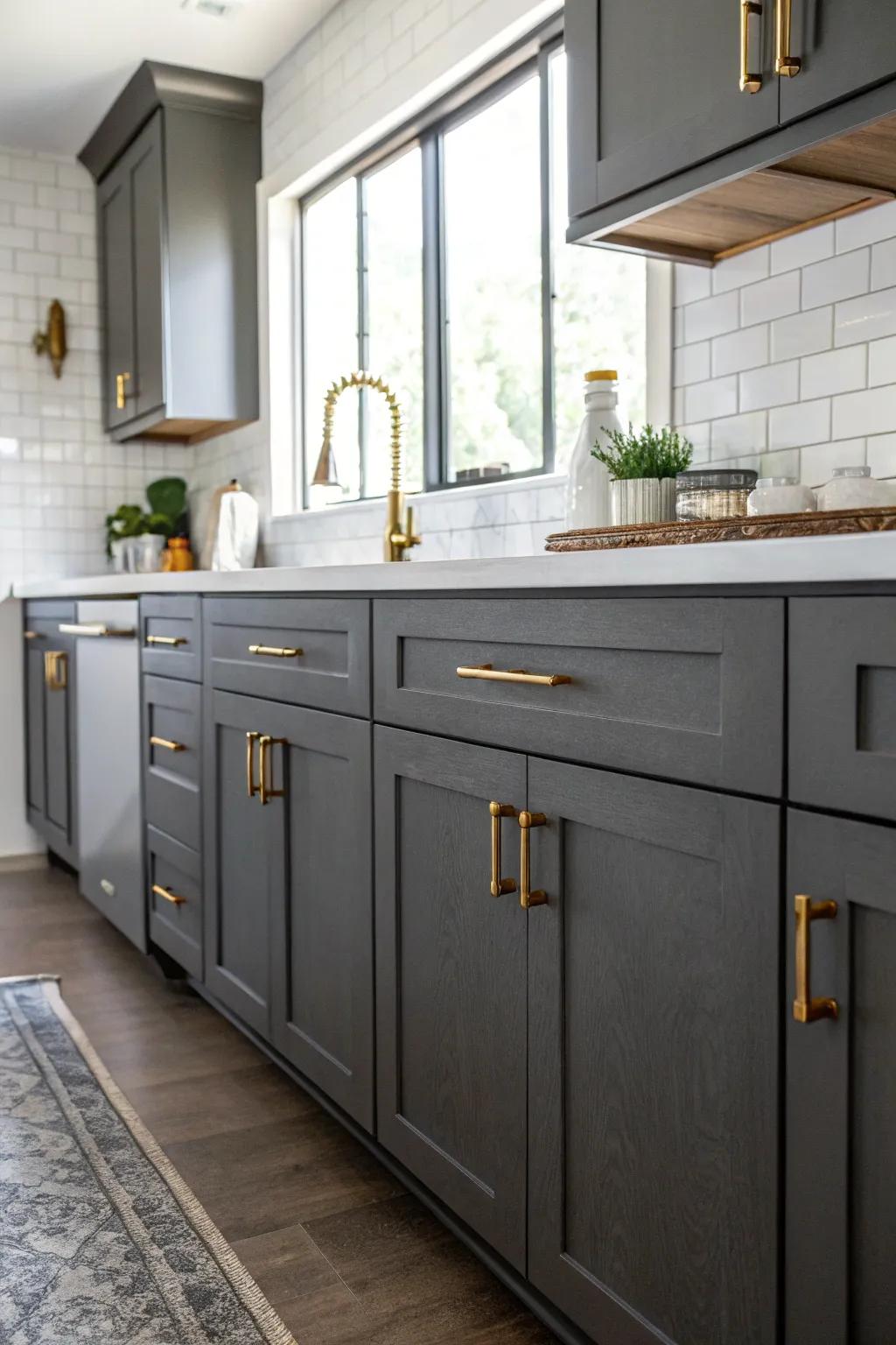 Deep charcoal cabinets elevated by luxurious golden hardware.