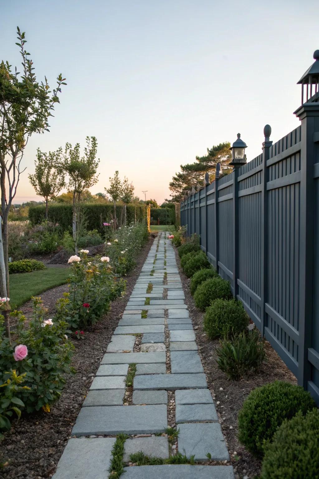 An elegant garden trail bordered by a deep charcoal boundary and compact shrubs.