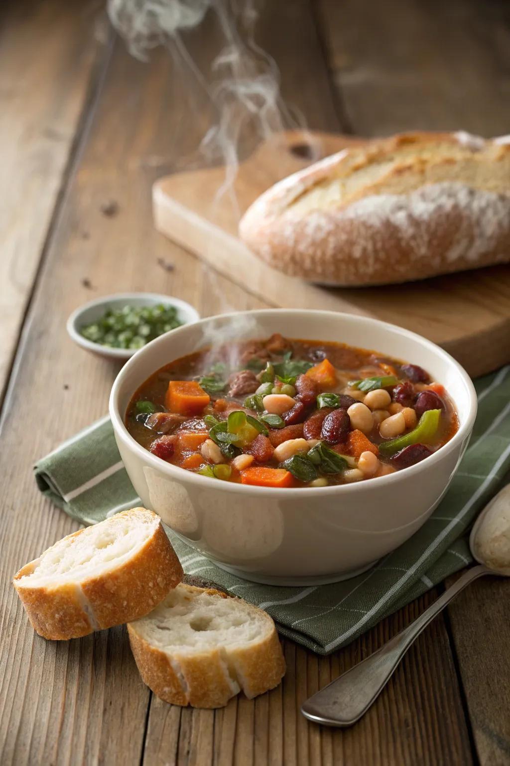 A comforting bowl of hearty bean and veggie soup.