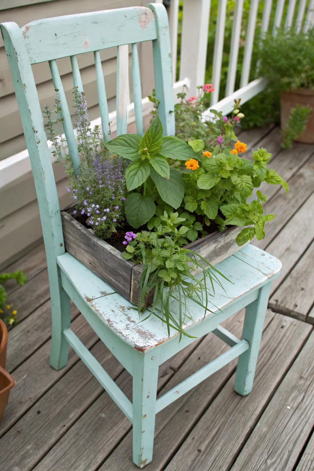 Transform old furniture into distinct herb spots.