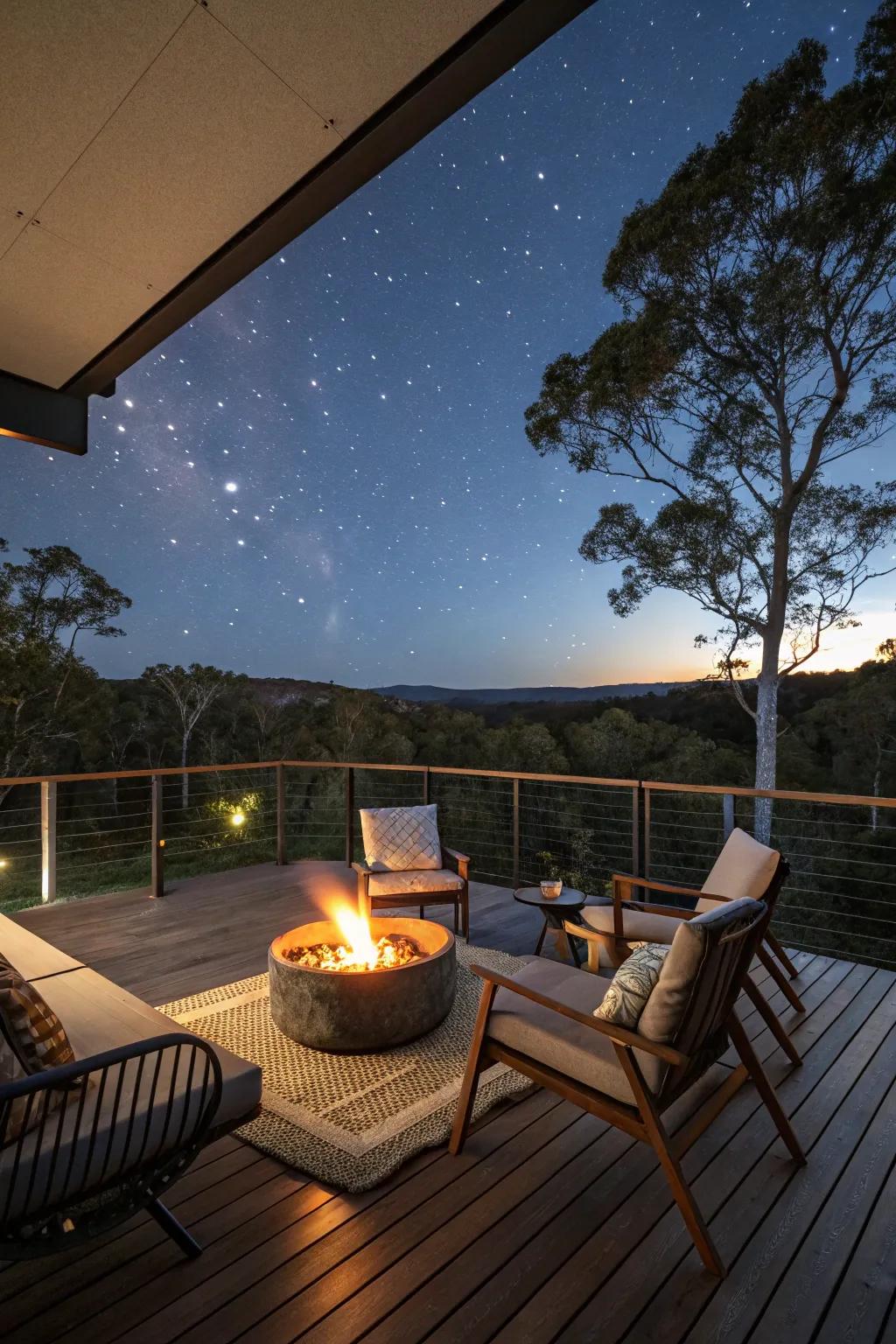 A deck with a fire pit, perfect for cozy evenings outdoors.