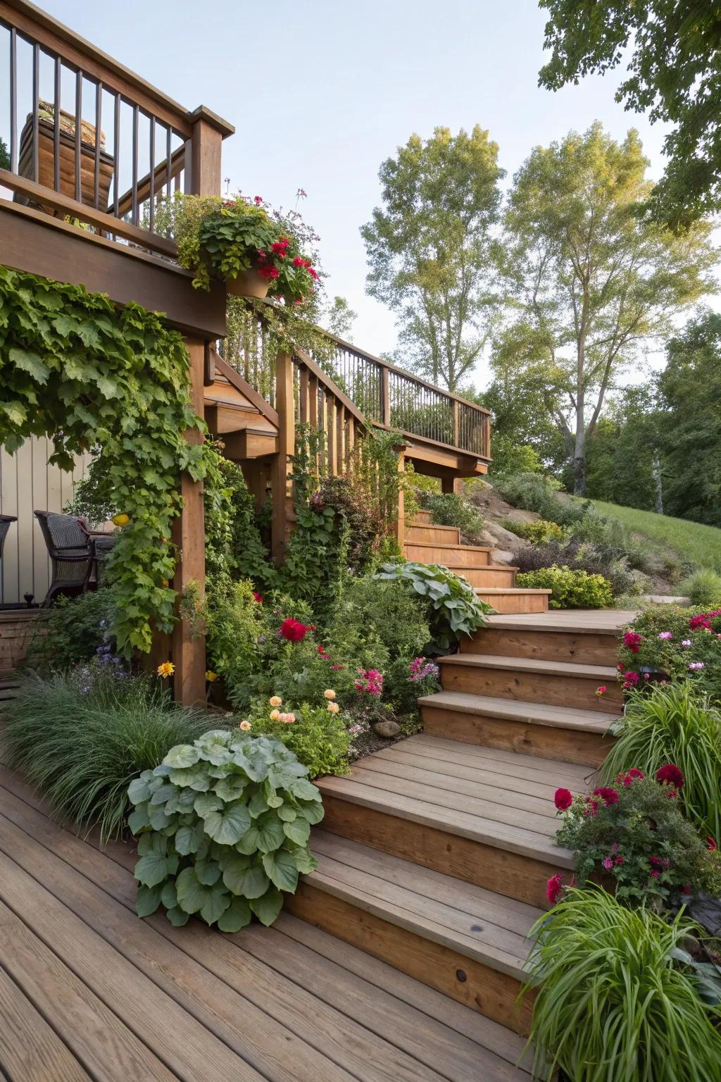 Deck stairs beautifully integrated with nature through cascading plants.