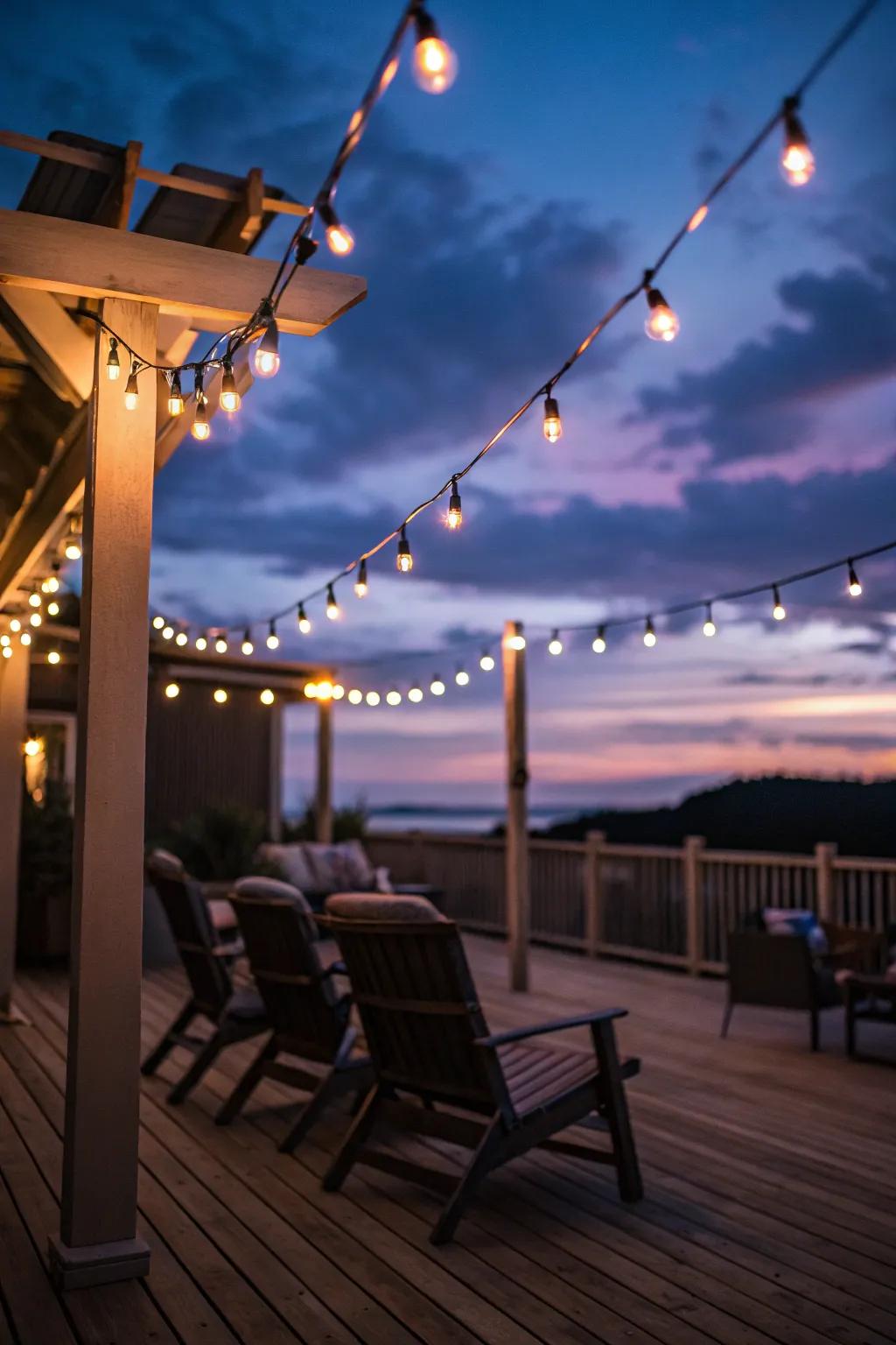 Twinkling fairy lights impart a hint of enchantment to this snug patio setting.
