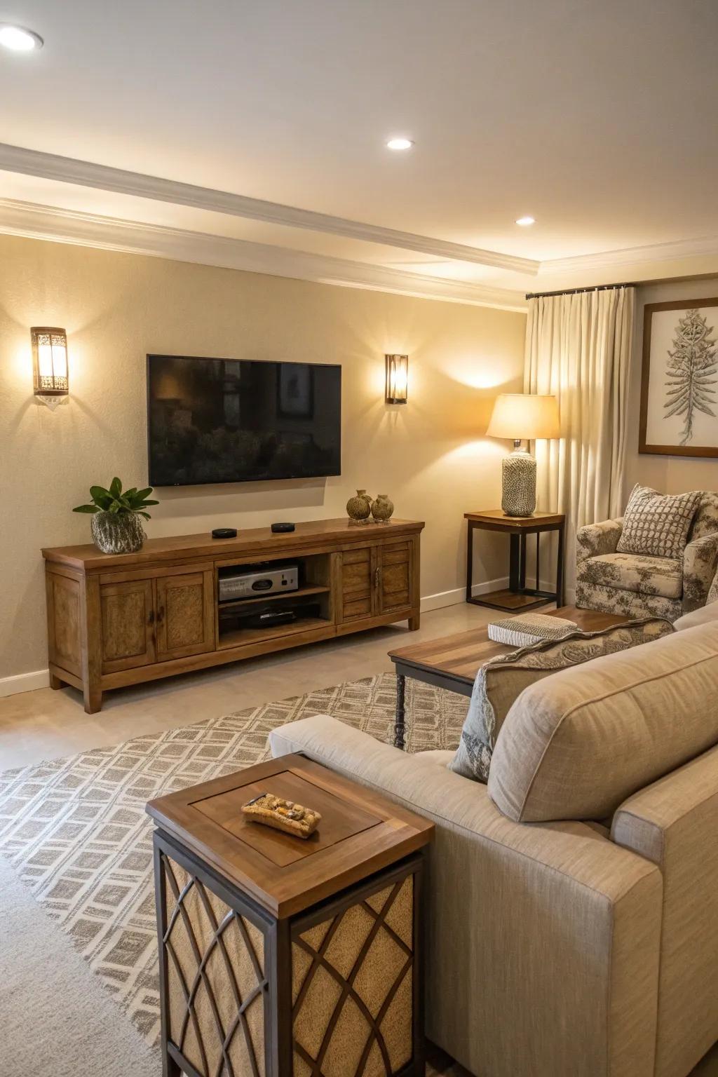 Muted shades fashion a tranquil setting for the television.