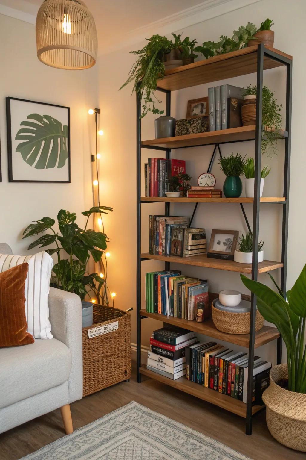 Stacked shelving merges utility with aesthetic appeal.