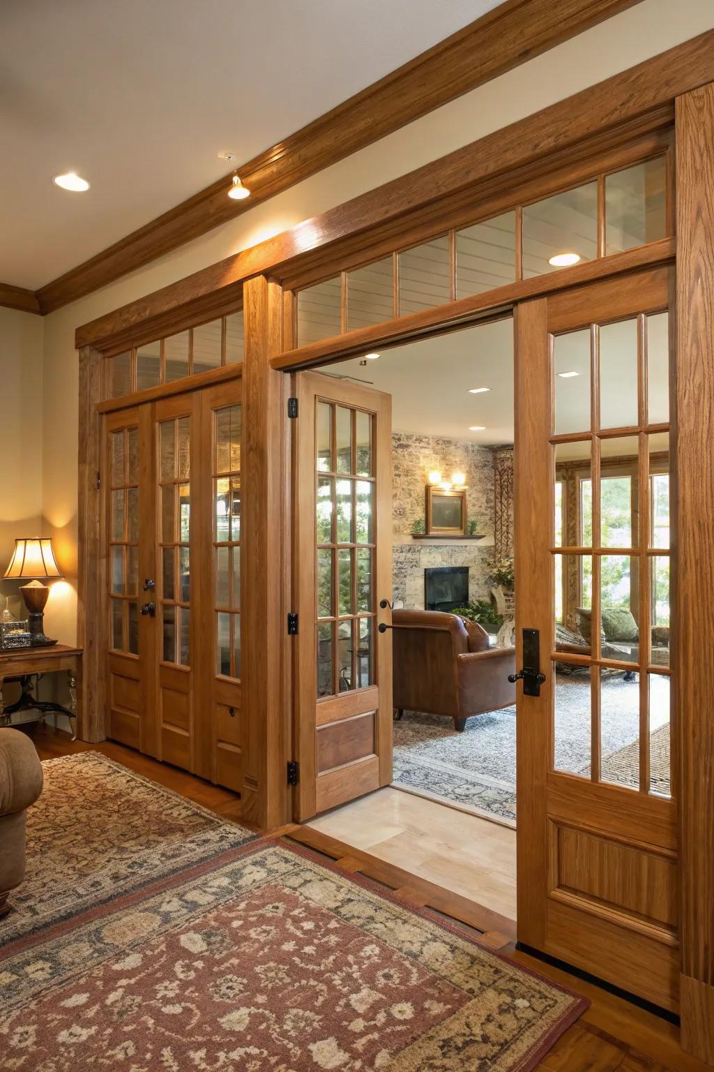 Wood and glass entrances offer warmth and openness.