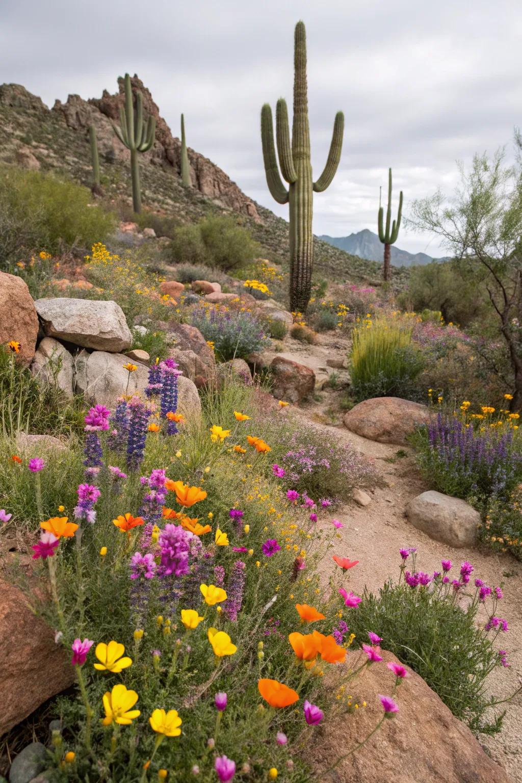 Lively desert flowers bestowing a stroke of color upon the arid landscape.