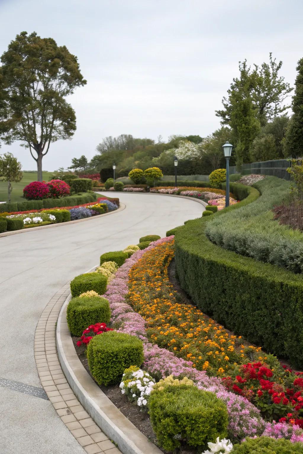 Floral borders transform this driveway into a fragrant, colorful path.