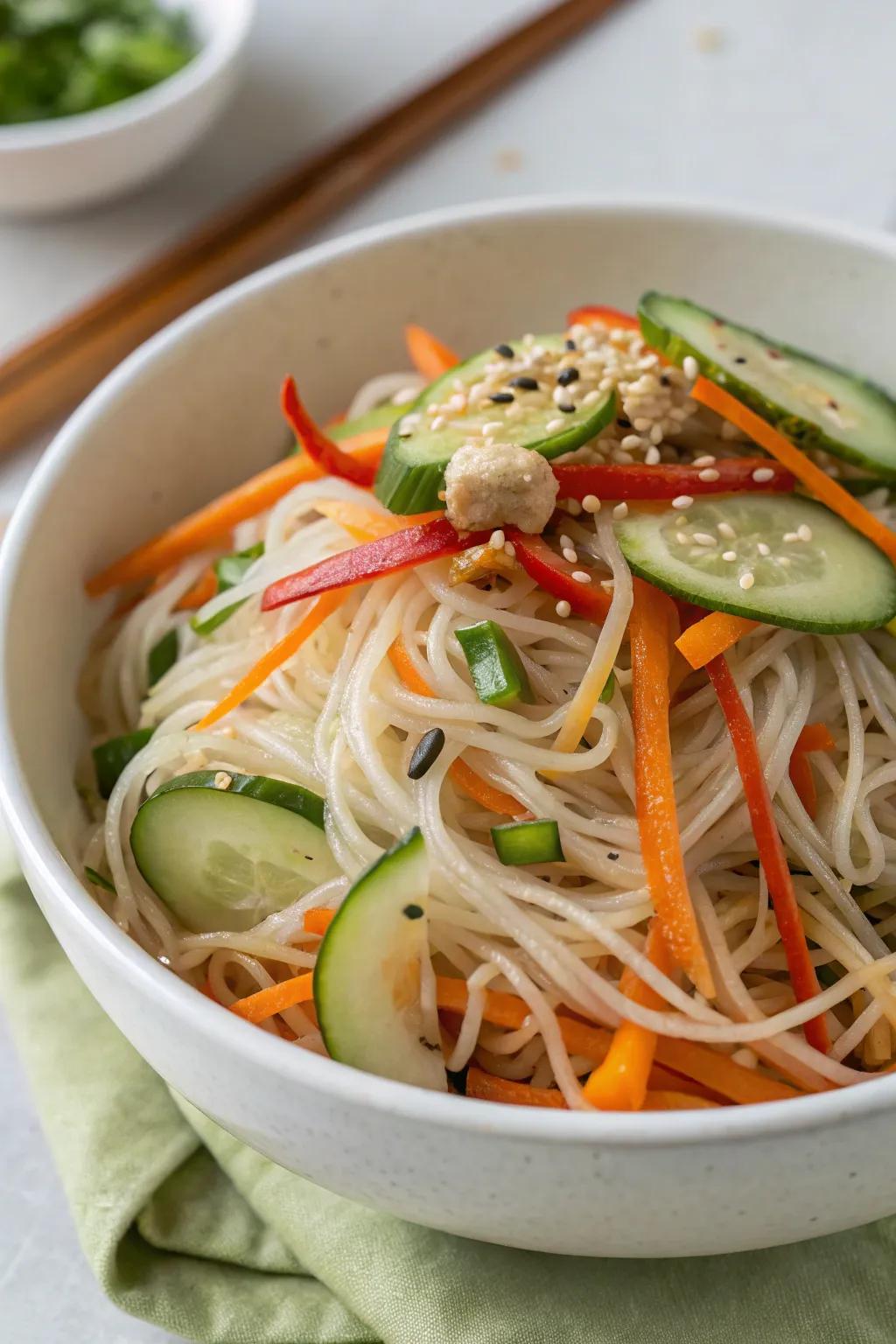 An energetic chilled noodle dish, imparting a hint of Asia to your summer spread.