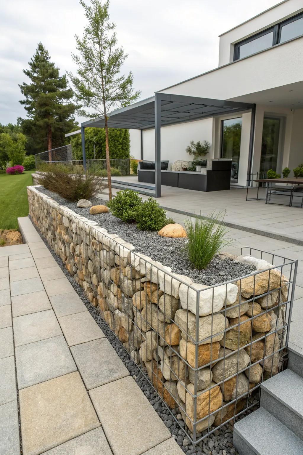 Gabion walls offer a unique and modern design.