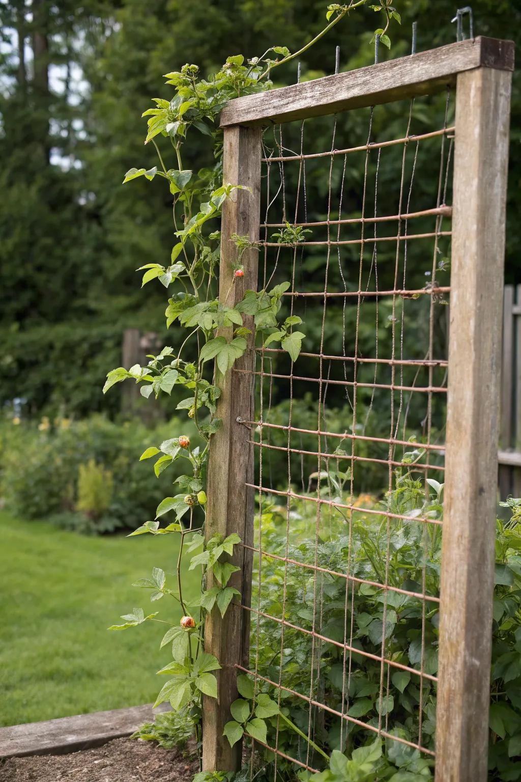 Transform your garden with a rustic wire mesh cantaloupe trellis, where simplicity meets natural elegance.