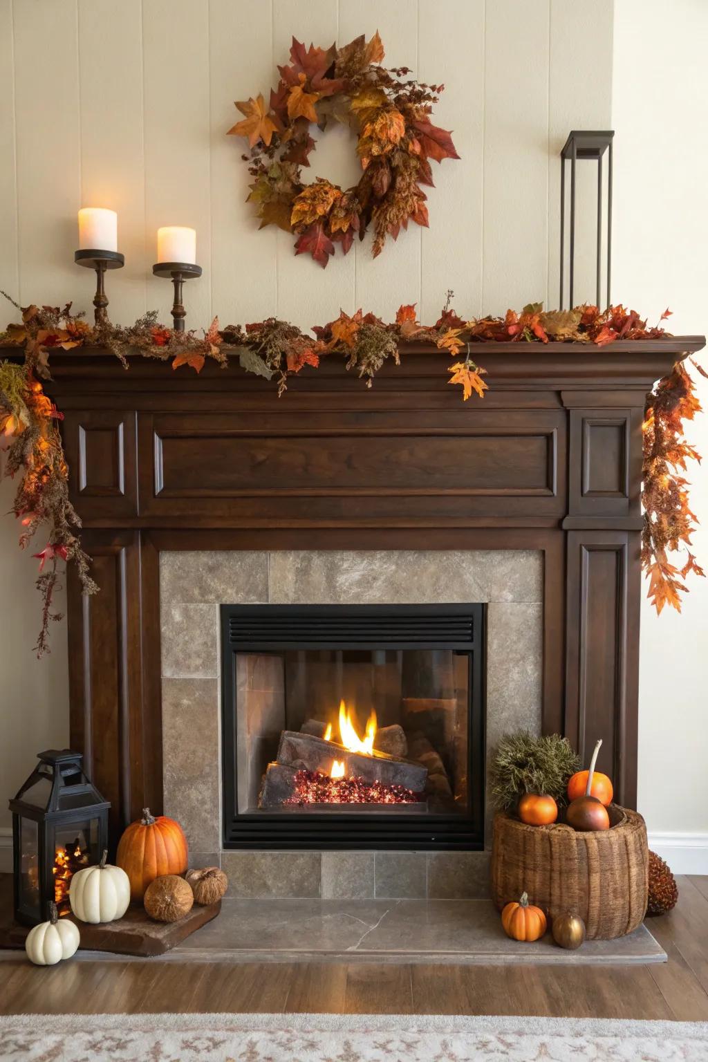 Transform your fireplace into a seasonal masterpiece with rustic autumn decor—embrace the warmth of fall.