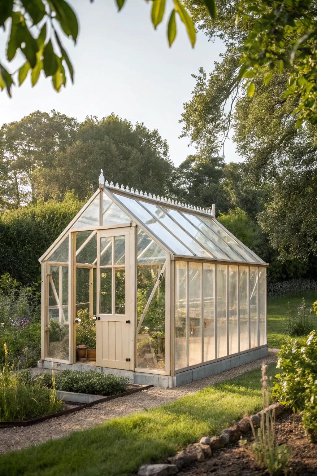 Embrace elegance with a glass panel greenhouse that enhances your garden's beauty and lets your plants bask in natural sunlight.