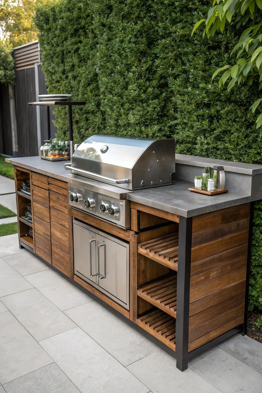Elevate your outdoor space with a wood and metal grill station that blends rustic charm with modern sophistication.