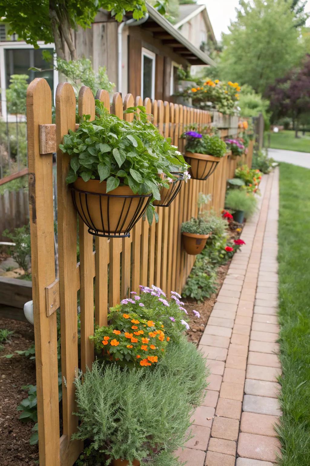 A dog ear fence adorned with planters for a lush vertical garden.