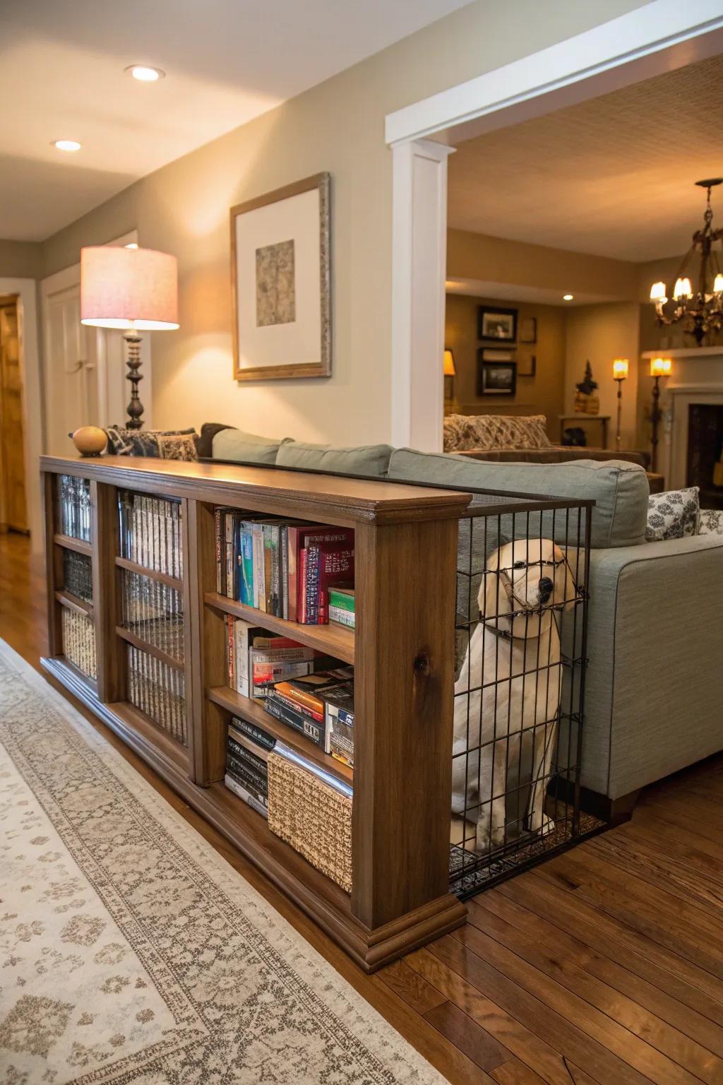 A dog fence beautifully integrated with furniture for a seamless look.