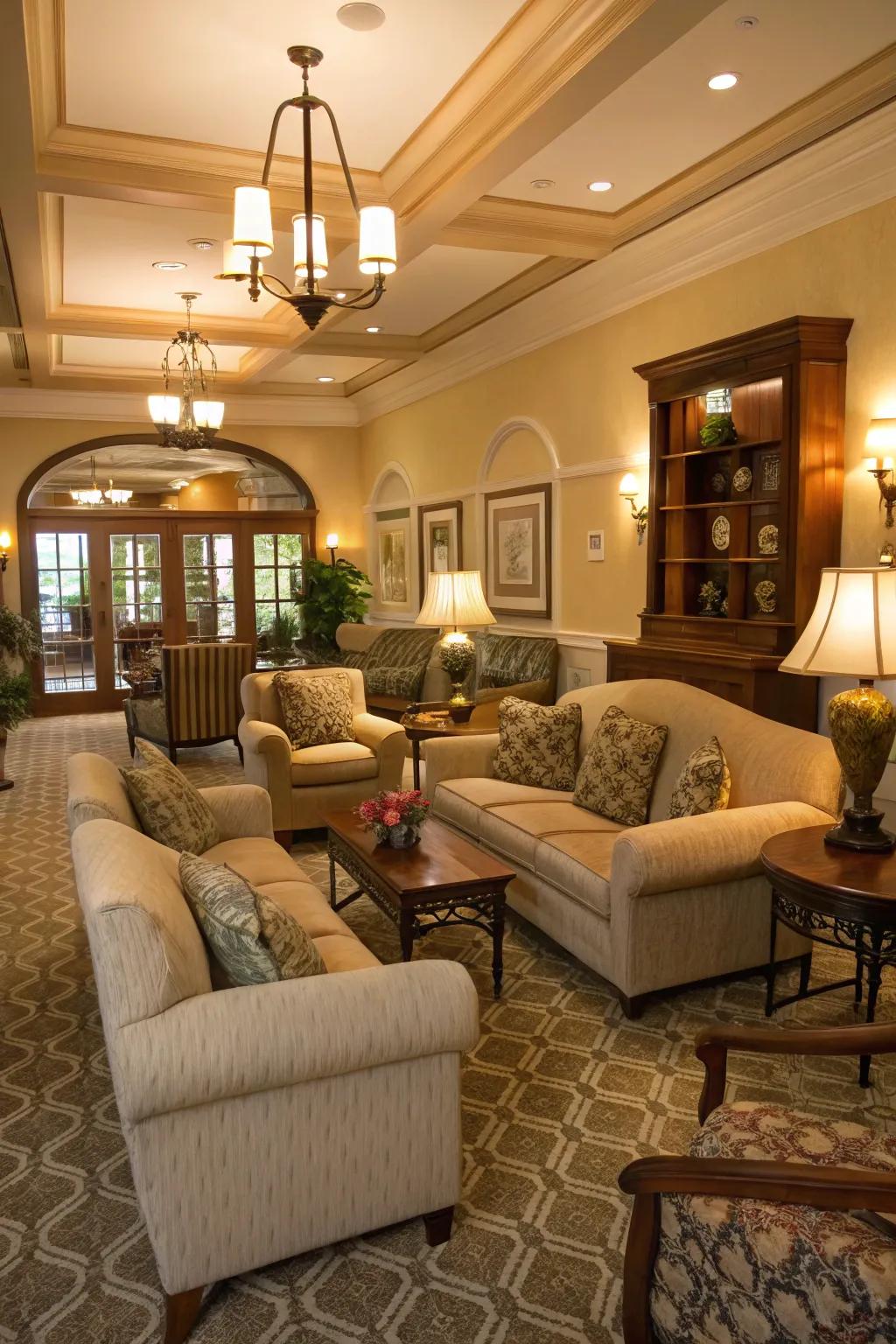 Abundant seating stimulates ease and interaction in the double parlor.