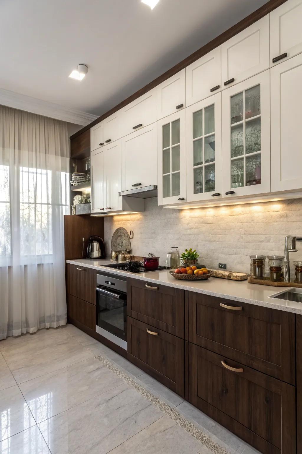 Two-tone cabinetry that adds depth and style.