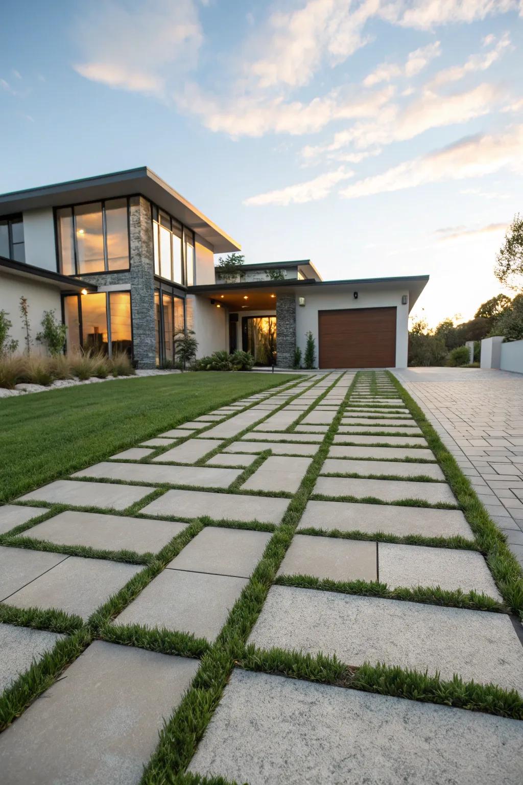 Grass strips between pavers create a seamless, eco-friendly design.