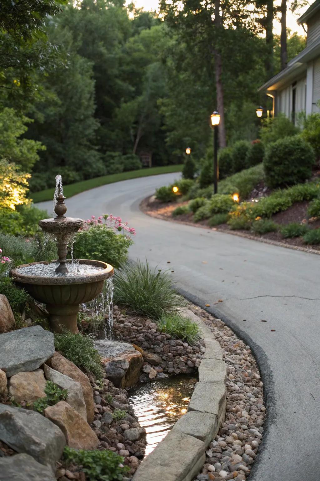 A serene waterscape injects tranquility into this driveway.