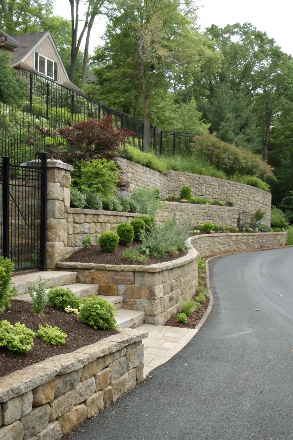 Stone support structures infuse the driveway with depth and texture.
