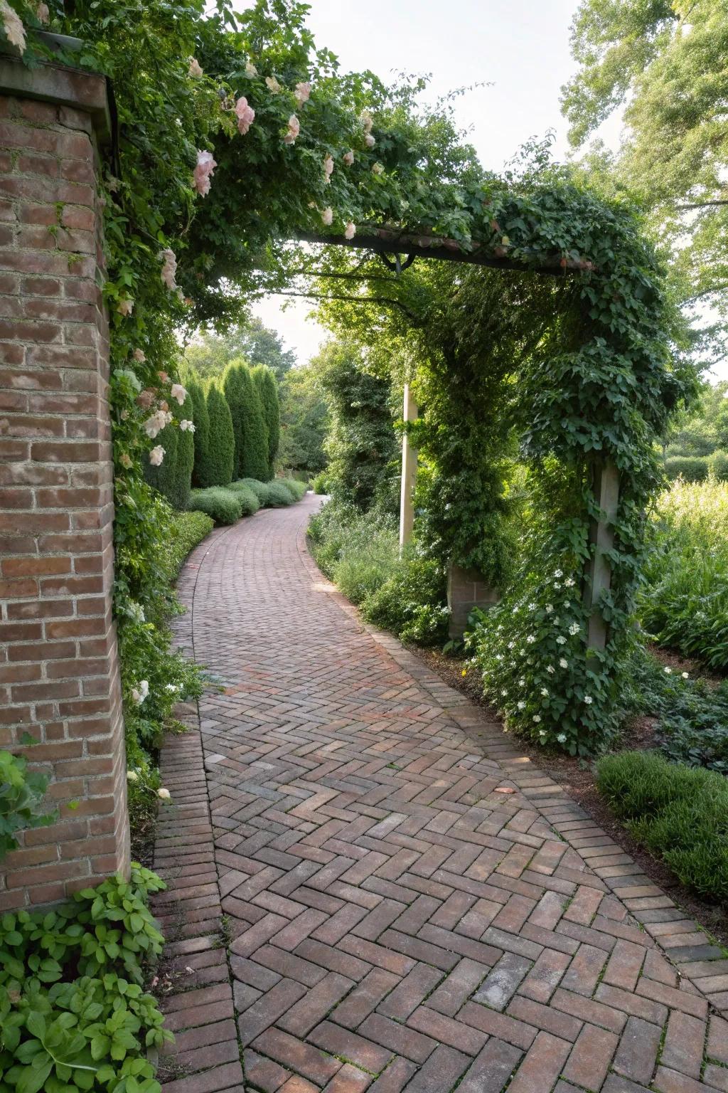 A herringbone brick path with lush, blooming vines.
