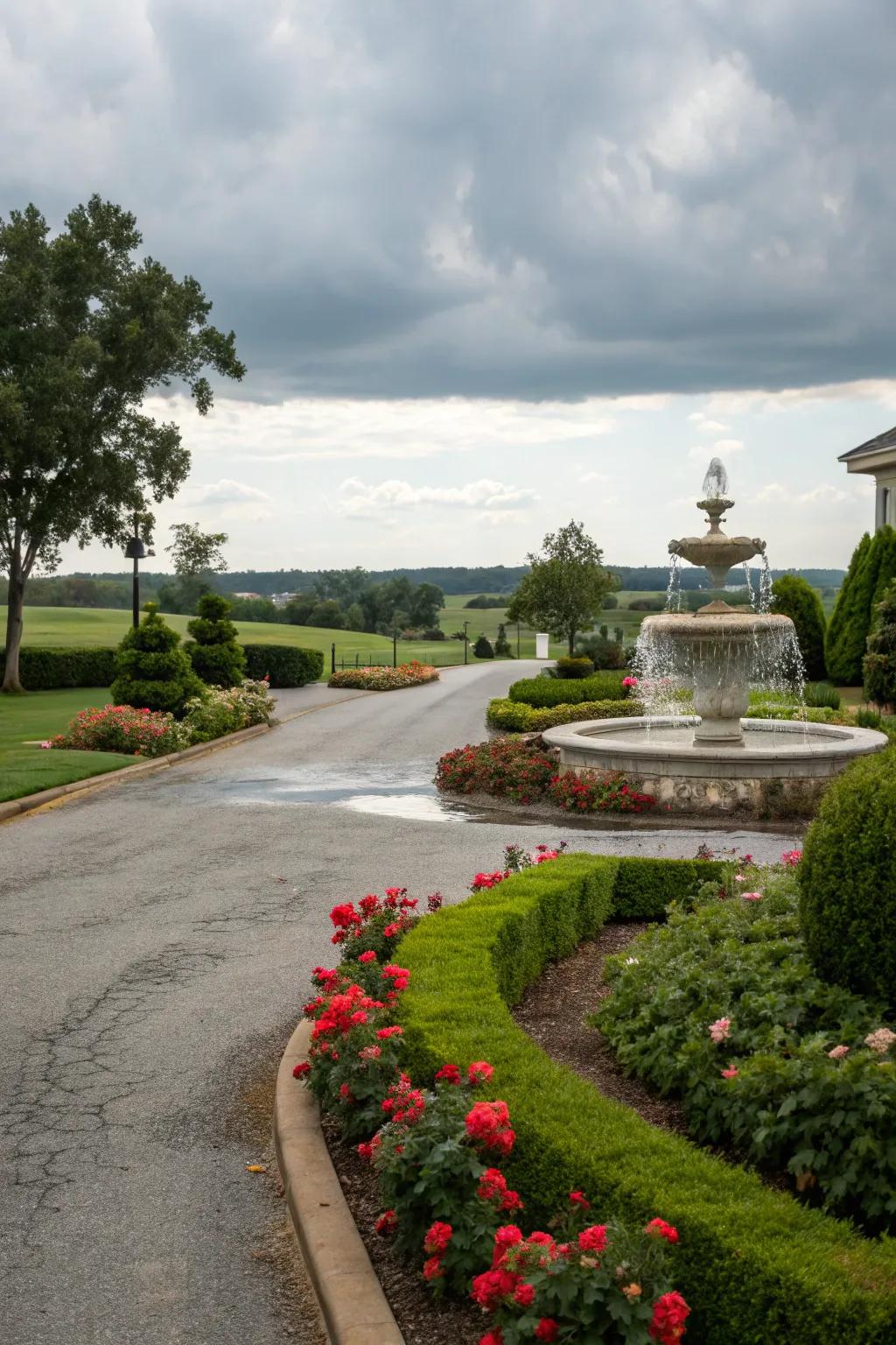 Abundant greenery enhances the allure of a driveway fountain.