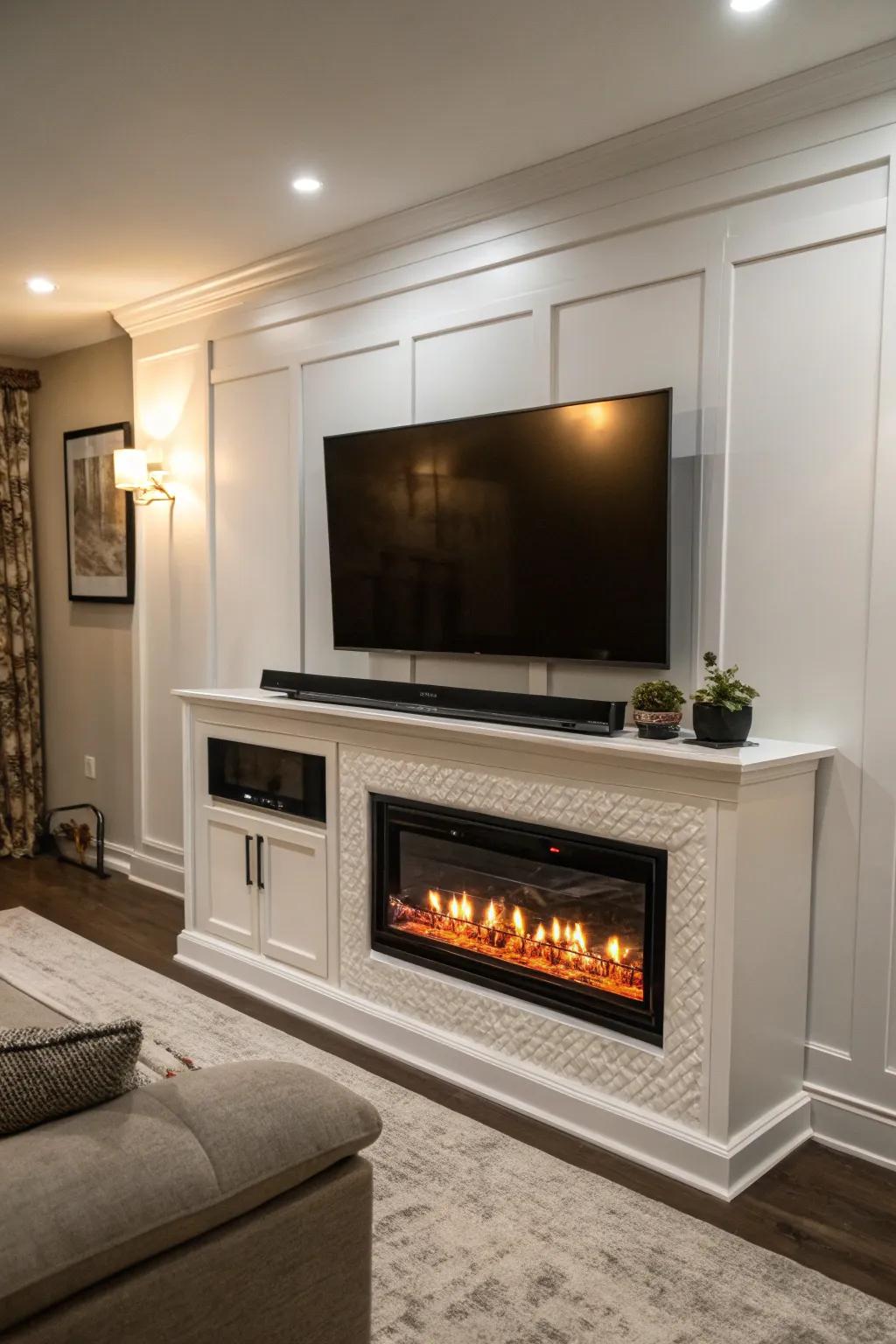 A modern entertainment setup with a TV above an electric fireplace