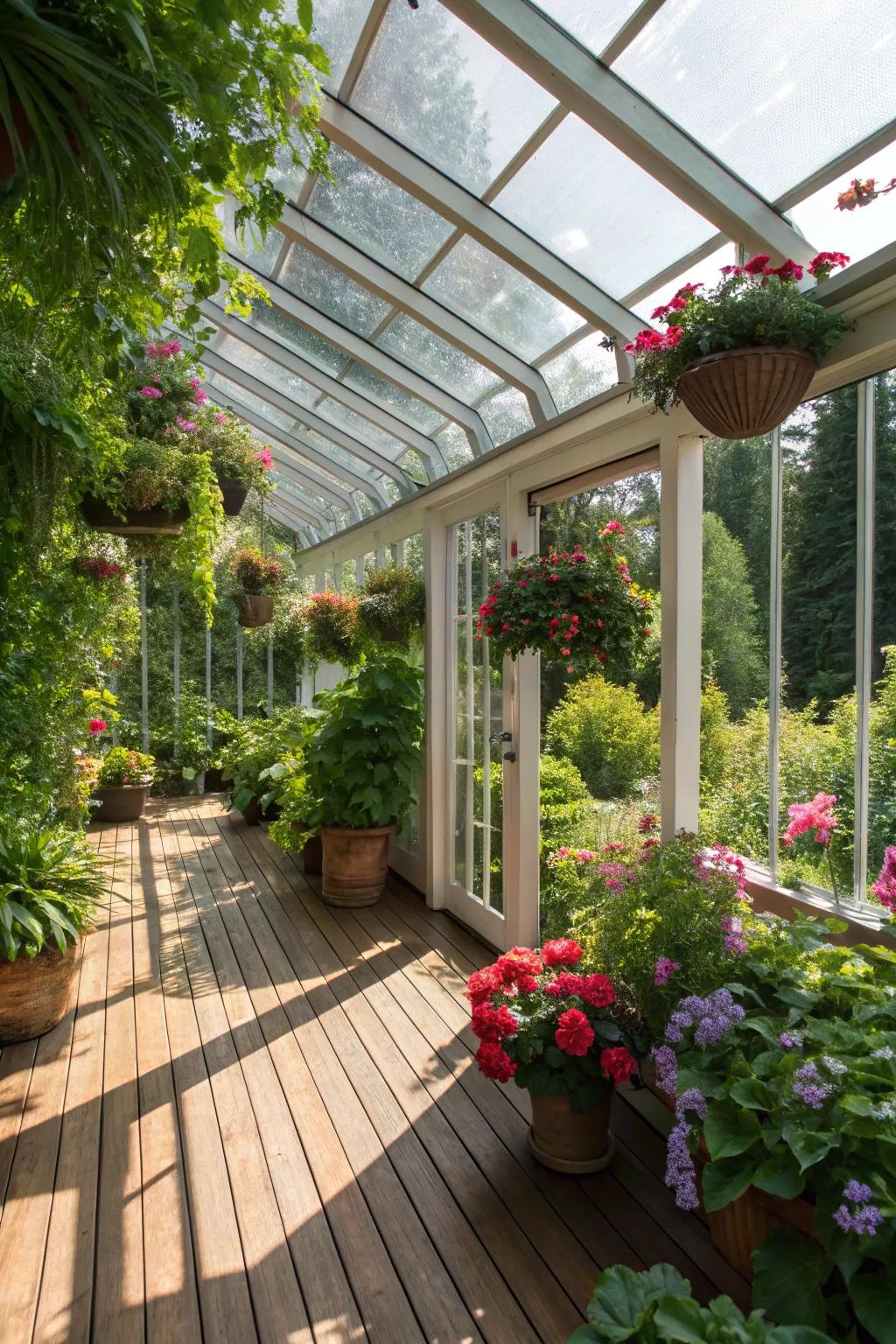 A greenhouse retreat within an enclosed deck.