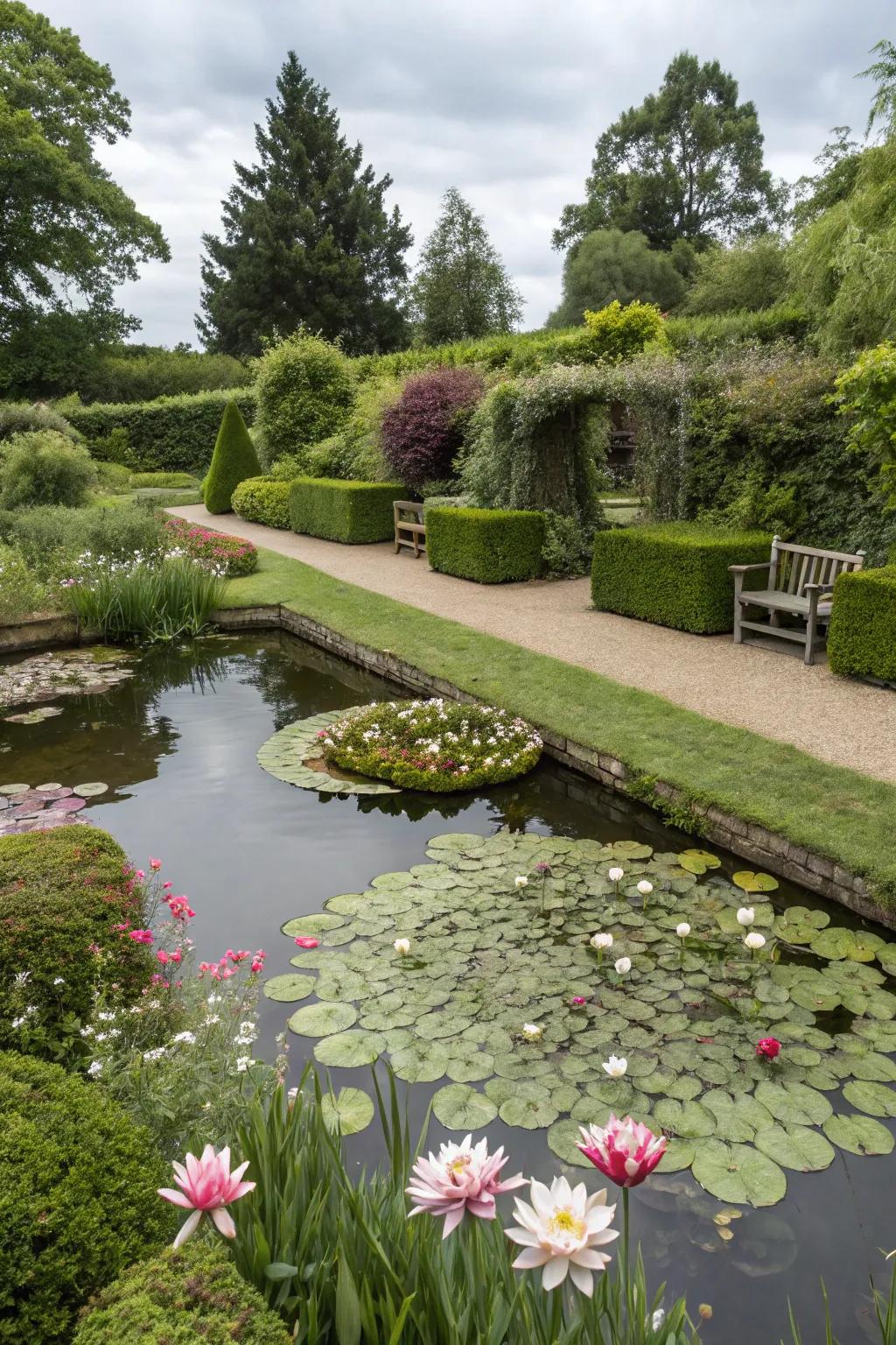 A serene pool amplifying the tranquility of the garden.