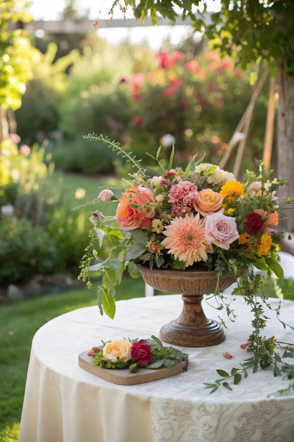 Floral table accents inject bursts of color into garden tables.