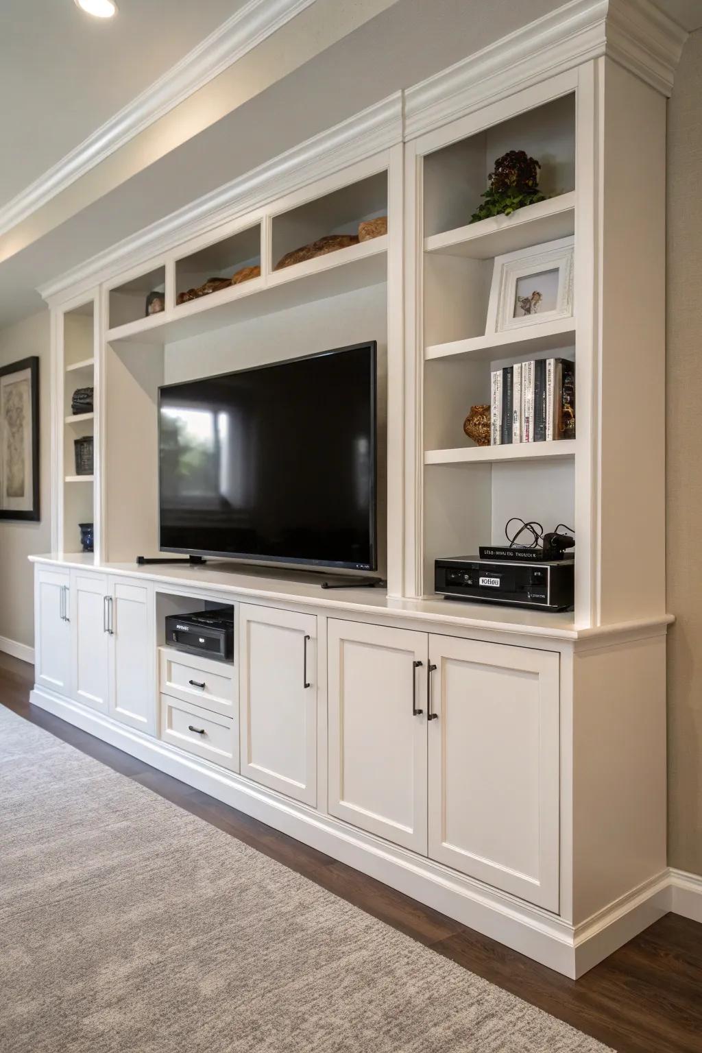 A media center that features optimal storage with integrated cabinets.