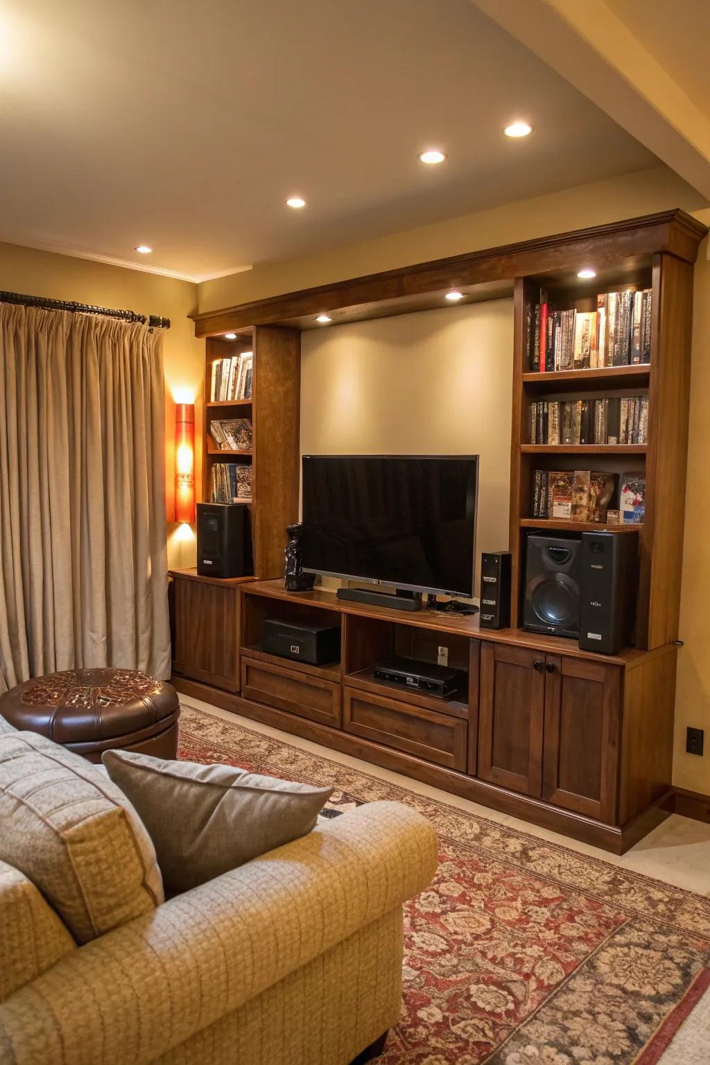 An entertainment center consistently fused into the living space.