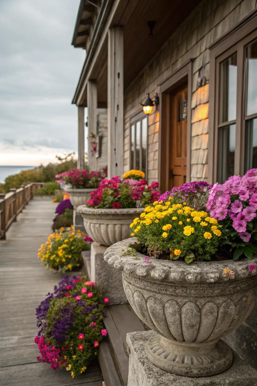 Radiant flowers nestled in stone gardens contribute vibrancy and allure to this welcoming porch.