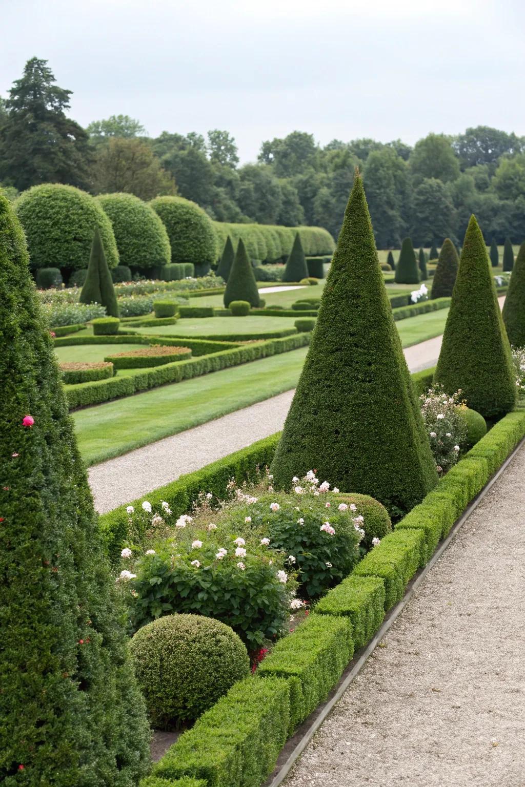 An elegant garden with symmetrical hedge and topiary design.