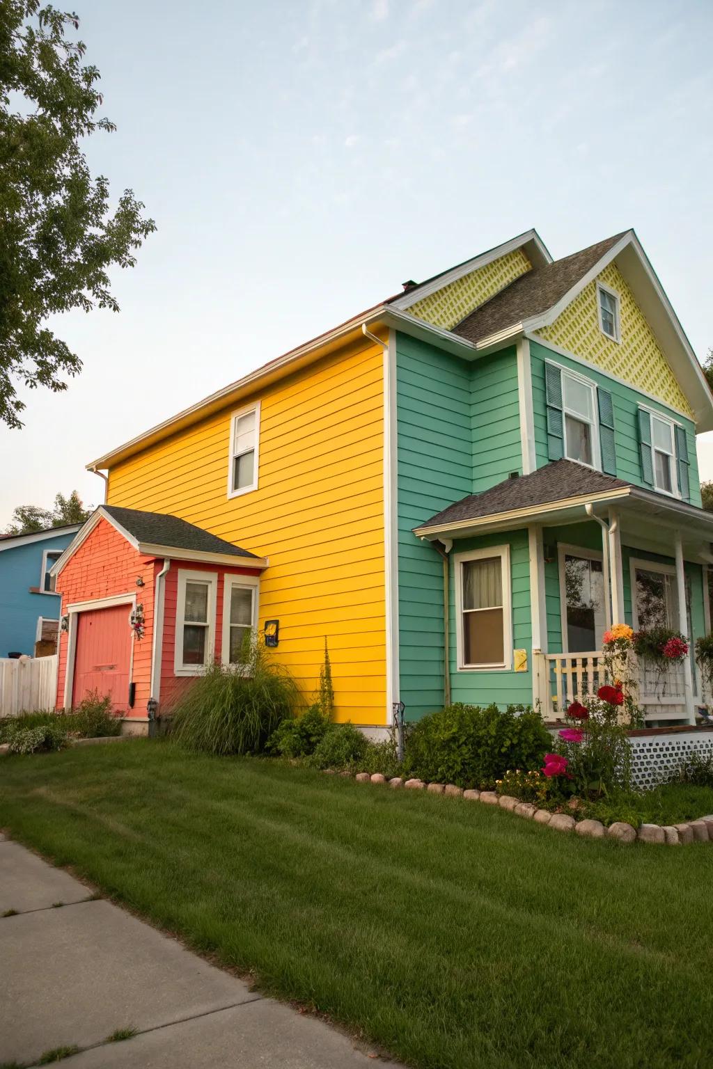 A home exterior with vibrant new coloring and paneling.